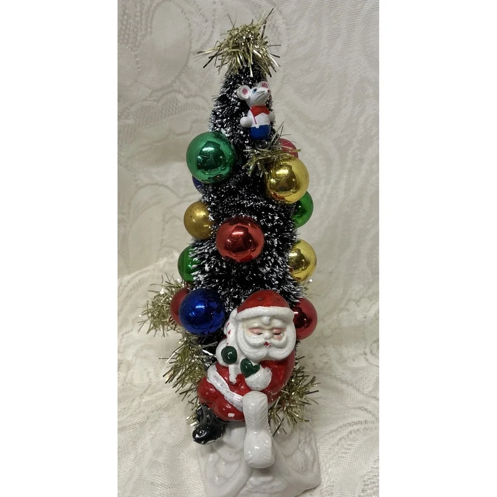 Vintage Porcelain Sleigh With Santa Claus, Mouse , Tree Assemblage‎ Display Gift